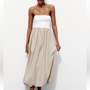 Zara White and Beige Strapless Dress